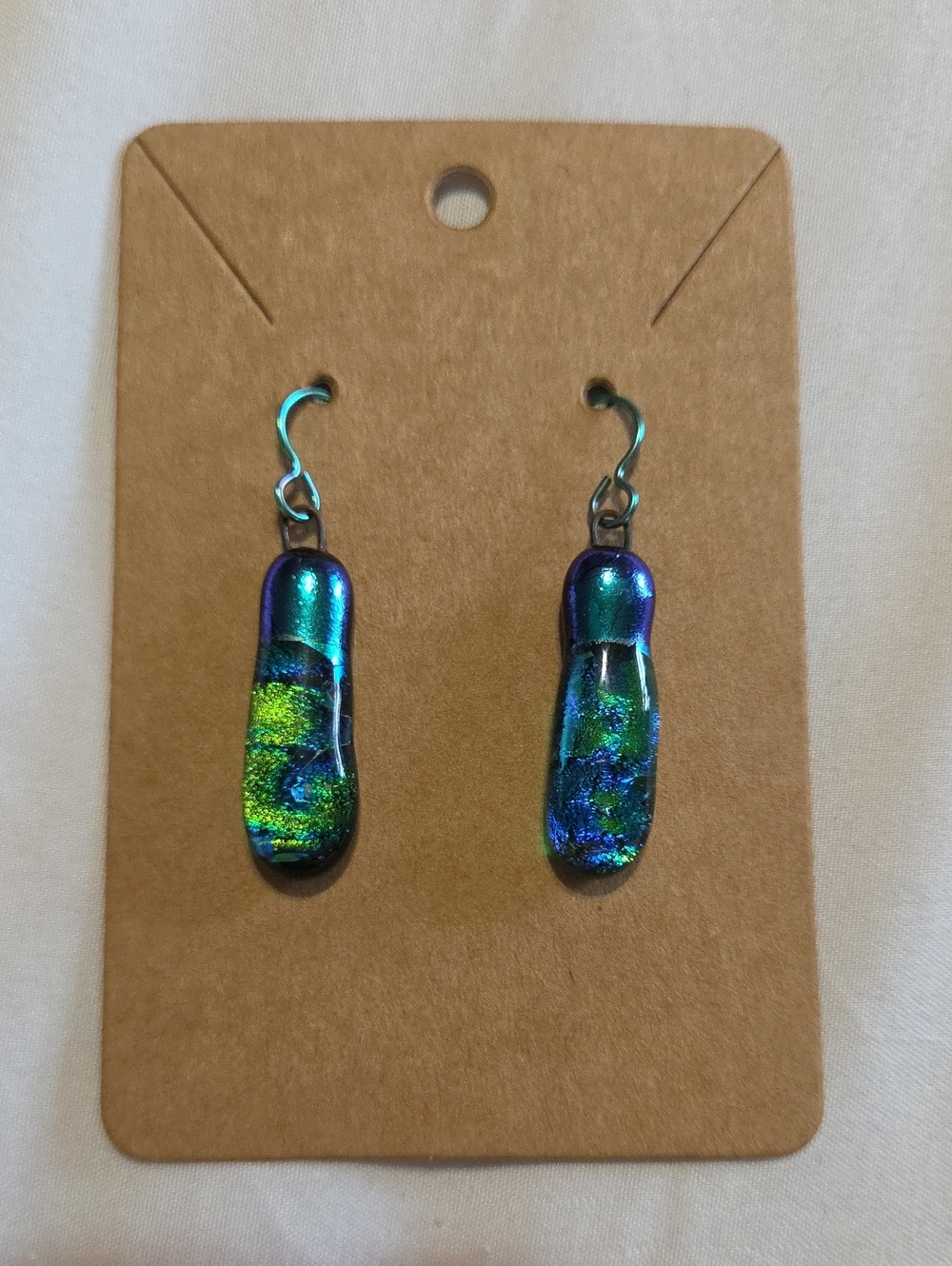 Dichroic Glass Teardrop Earrings in Iridescent Blue-Green